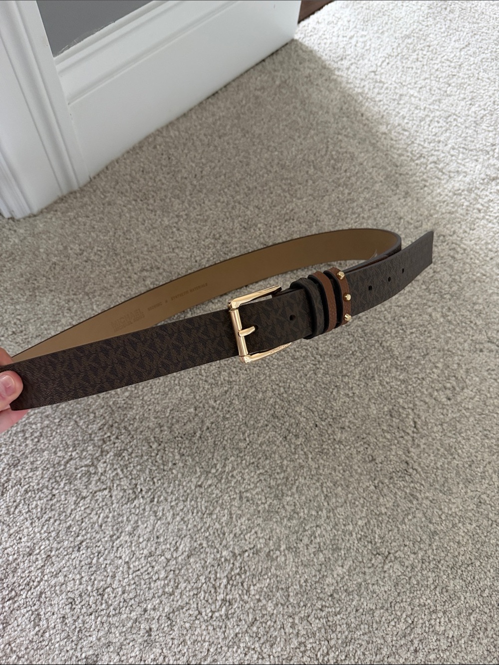 Women’s  Brown Monogram Leather Belt with Gold Buckle